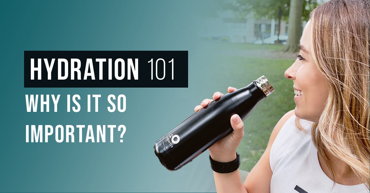 Hydration 101: Why is drinking water so important with a young lady drinking out of a black water bottle outside in the summer