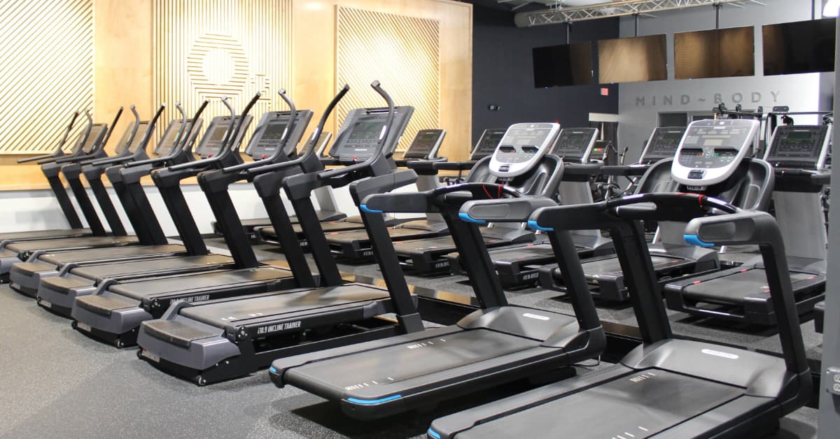 A variety of treadmills in the cardio section of O2 Fitness Clubs Brier Creek 