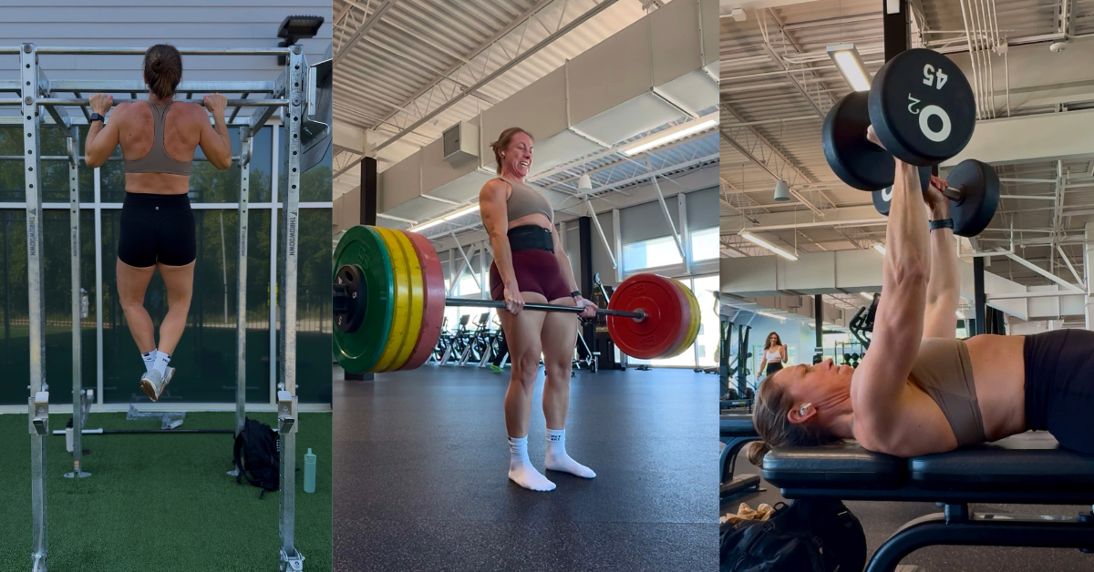 O2 Fitness Clubs member Stephanie Genty doing a pull up, a deadlift, and a dumbbell bench press at O2 Wake Forest